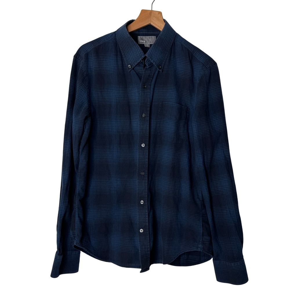 Vince Mens Navy Black Plaid Button Down Long Sleeve Casual‎ Shirt Medium Cotton